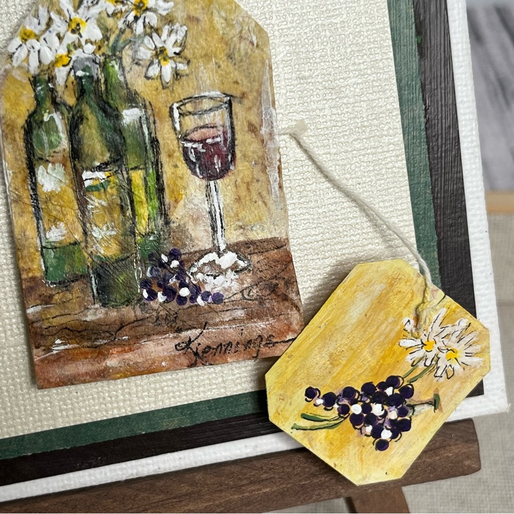 Wine and Flowers Scene,Tea Bag Art Mounted and on Mini Ease, Artist Signed